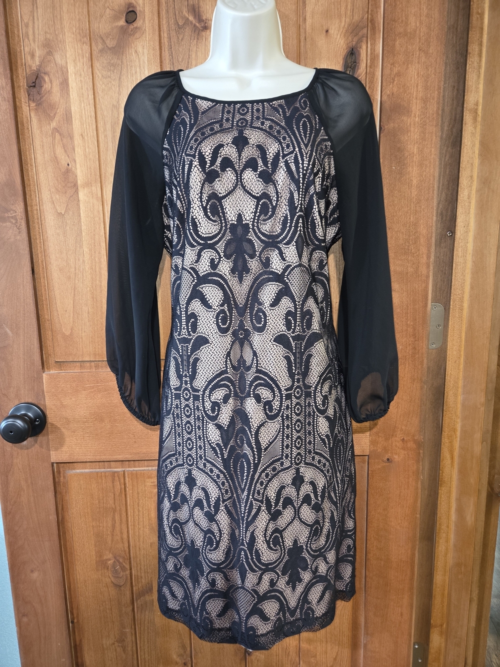 Simply Liliana Black Lace-Overlay Long Sleeve Sheath Dress with Nude‎ Lining